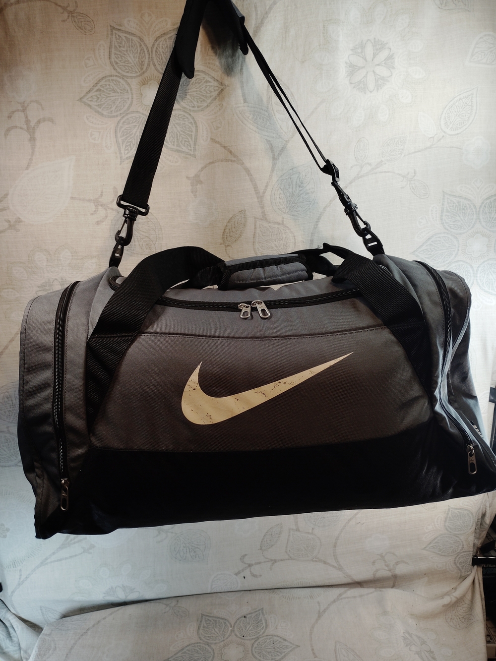 Nike Black and Gray Duffel Bag with White Swoosh